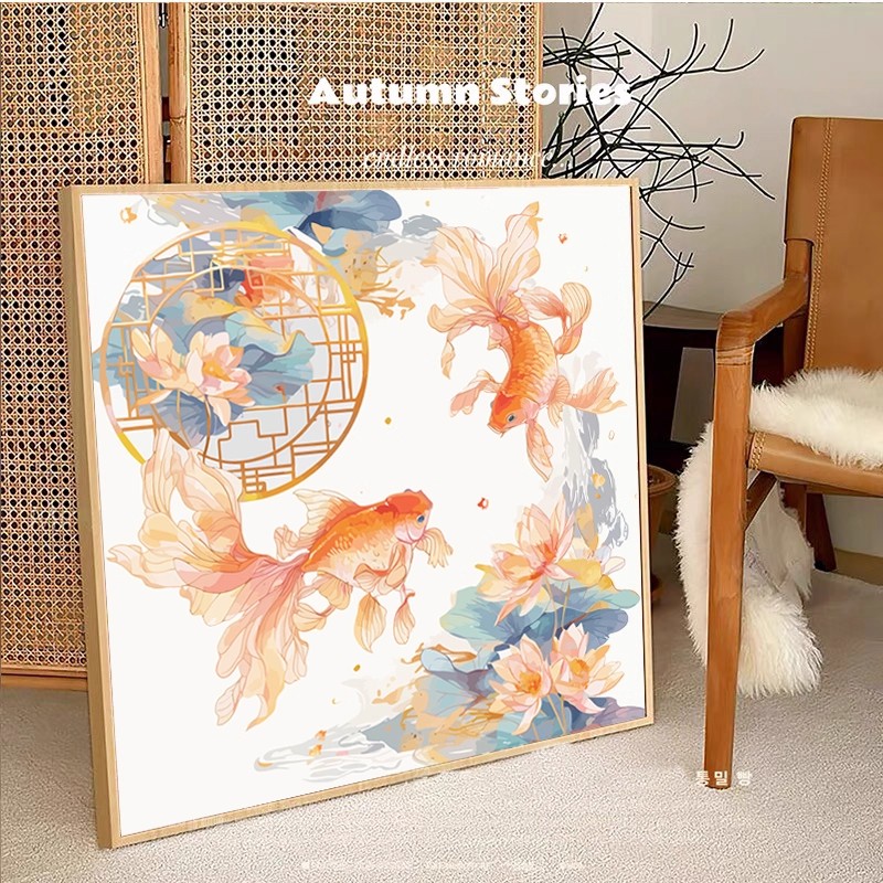 国风锦鲤鱼花卉装饰画成品仿油画水墨风景方形寓意卧室客厅摆挂画图片