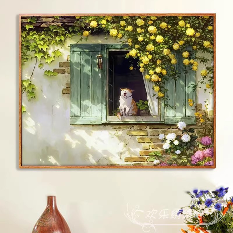 窗台小猫横版温馨装饰画成品仿油画风景唯美高级感卧室客厅摆挂画图片