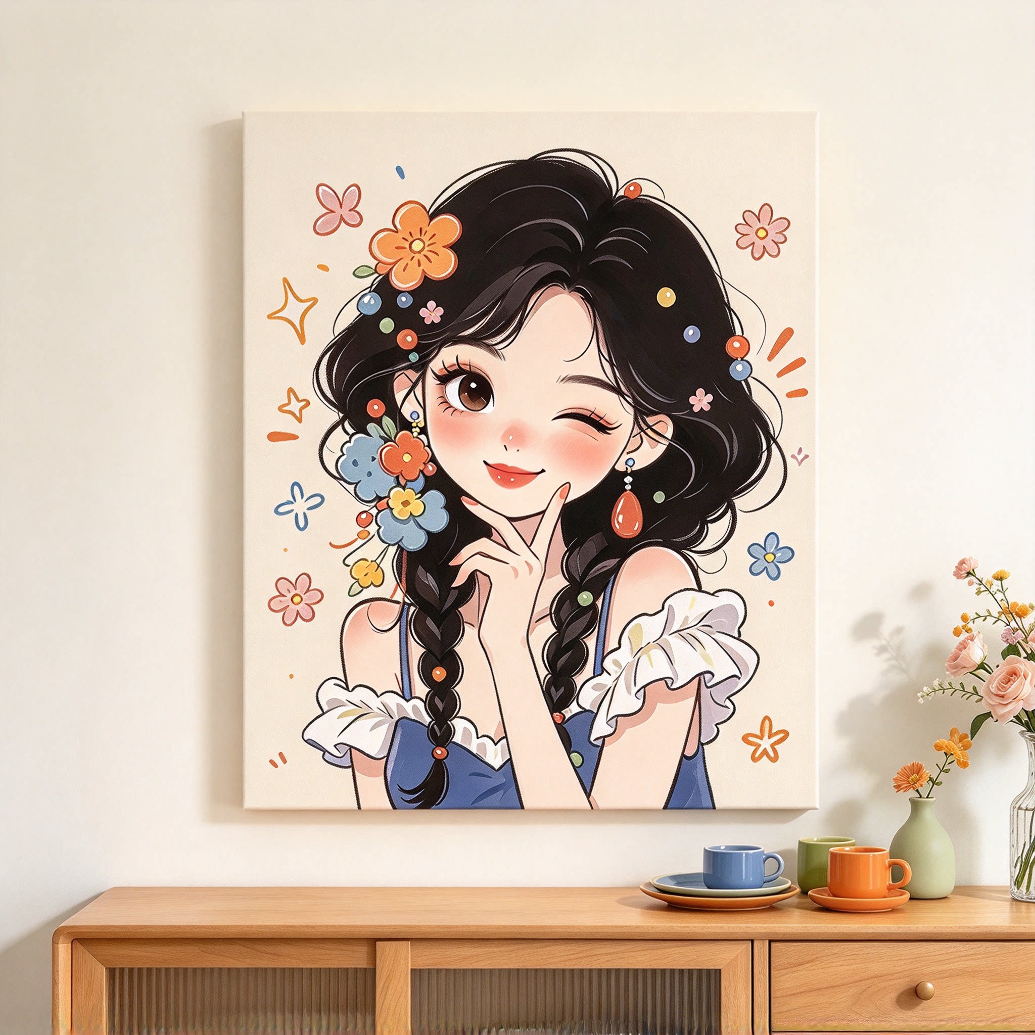 元气花漾少女装饰画仿油画多彩甜美卷发可爱小甜妹卧室客厅摆挂画