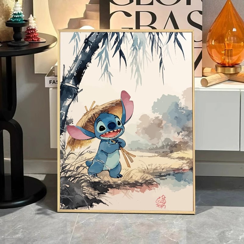 中国风水墨史迪仔成品装饰画仿油画风景小众卡通卧室儿童房挂摆挂
