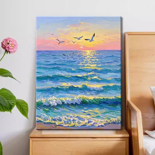 海浪与海鸥简约装饰画成品仿油画风景唯美高级感卧室客厅餐厅挂画