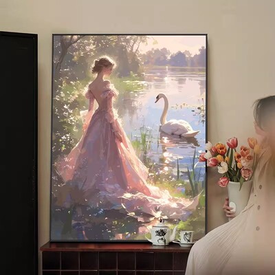天鹅湖少女装饰画仿油画风景人物欧式复古高级感唯美卧室客厅挂画