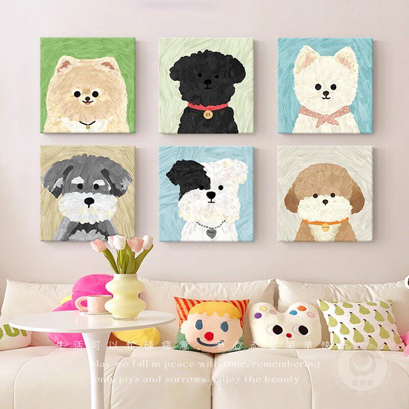 ins可爱卡通狗狗奶油风装饰画方形萌宠温馨儿童房卧室客厅摆挂画