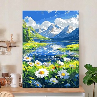 湖边雏菊雪山装饰画成品仿油画风景唯美清新治愈系卧室客厅摆挂画