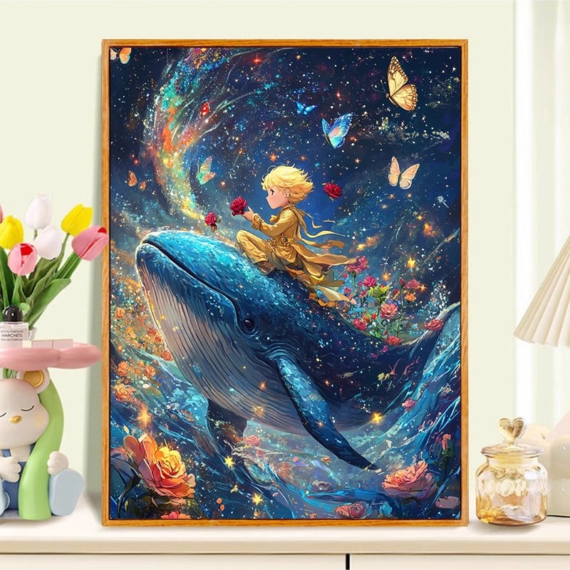 成品小王子鲸鱼星空装饰画仿油画风治愈高级感儿童卧室客厅摆挂画图片