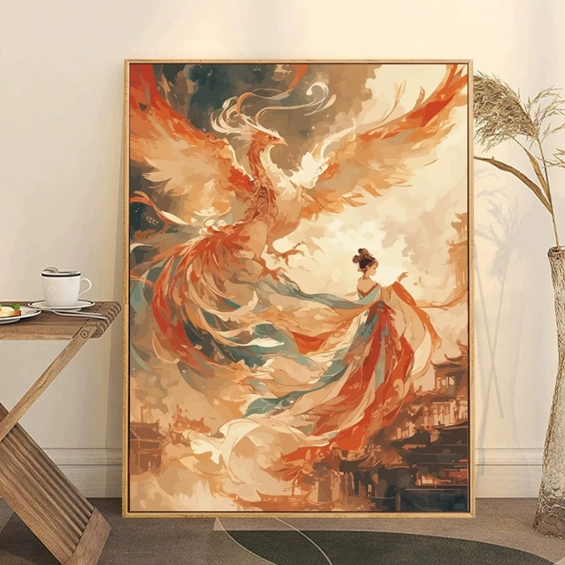 凤凰于飞人物装饰画仿油画成品国潮唯美高级感艺术卧室客厅摆挂画