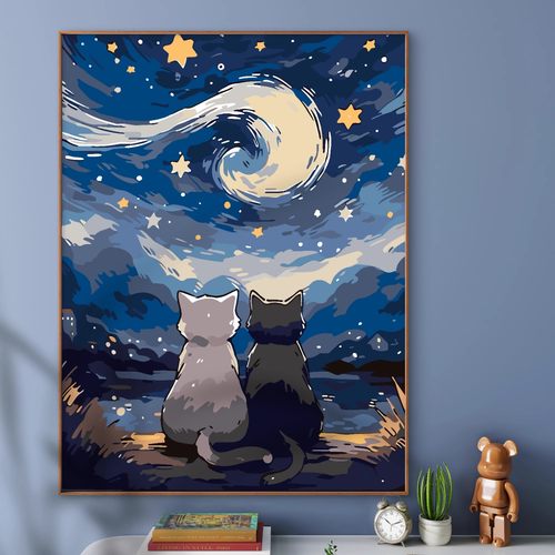 星空装饰画成品仿油画风景猫咪建筑唯美高级感梦幻卧室客厅摆挂画