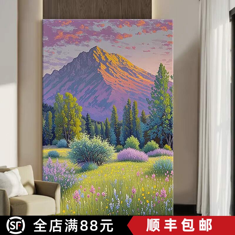 日照金山装饰画田园风景仿油画紫气东来寓意高级感卧室客厅摆挂画