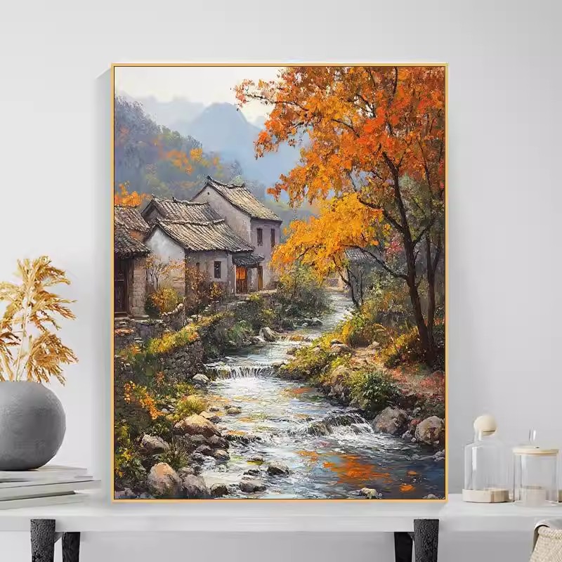 秋天山水装饰画成品仿油画风景唯美治愈国风高级感卧室客厅摆挂画