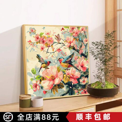 鸟语花香方形装饰画仿油画风景花卉唯美小众高级感卧室客厅摆挂画