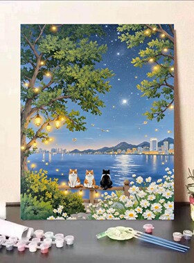 猫咪花卉夜空大海装饰画卡通仿油画风景唯美治愈系卧室客厅摆挂画