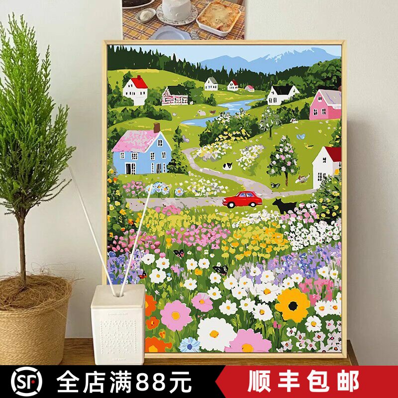 莫奈森系花园成品装饰画卡通唯美仿油画风景田园风卧室客厅摆挂画
