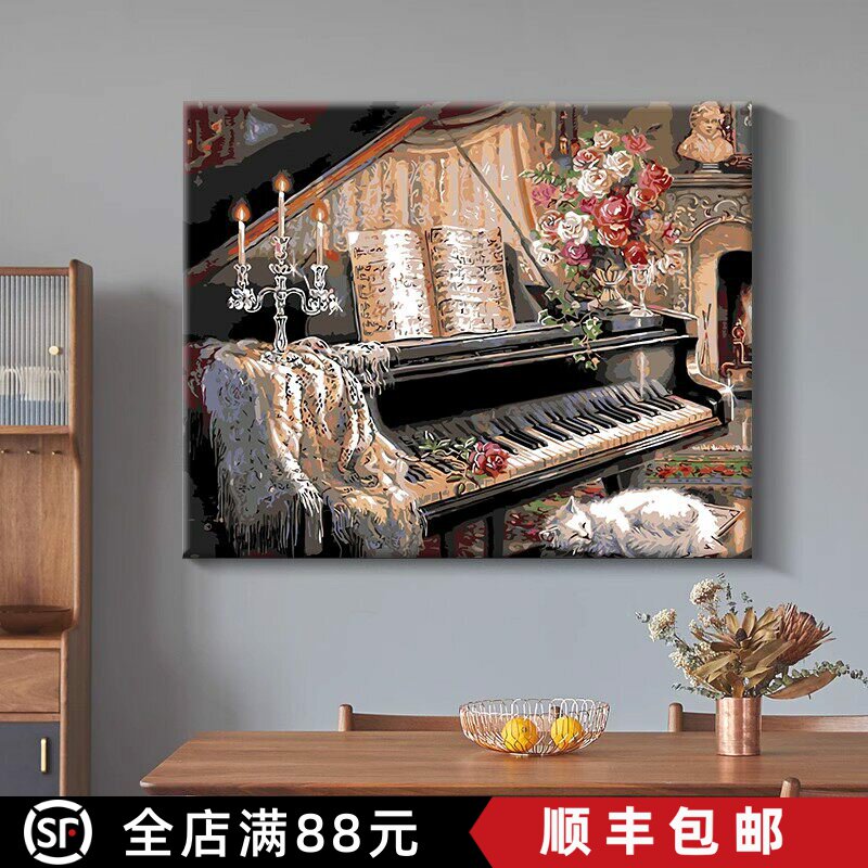 钢琴与猫横版装饰画成品欧式复古仿油画小众高级感卧室客厅摆挂画