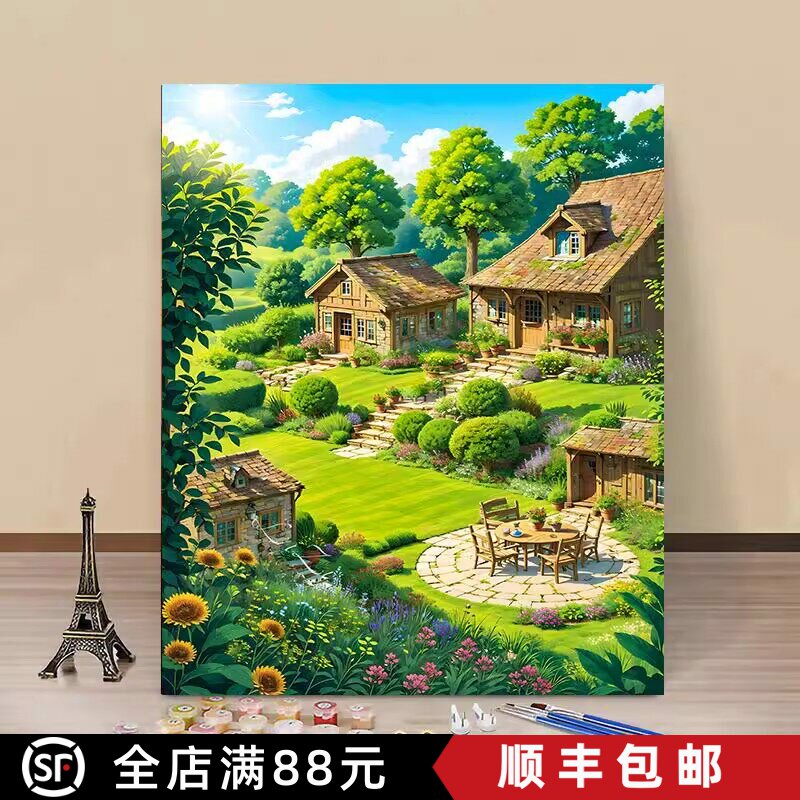 成品宫崎骏田园装饰画绿色治愈风景卡通仿油画喷印卧室客厅摆挂画