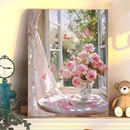 窗台玫瑰花卉装 饰画成品仿油画风景唯美治愈高级感卧室客厅摆挂画