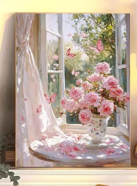 窗台玫瑰花卉装饰画成品仿油画风景唯美治愈高级感卧室客厅摆挂画