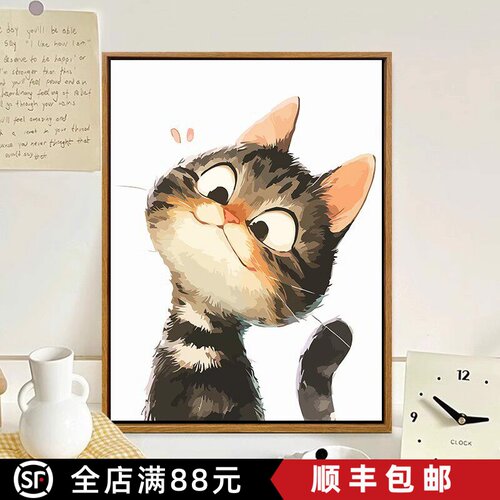 可爱搞怪猫咪装饰画儿童卡通艺术仿油画风小猫成品卧室客厅摆挂画
