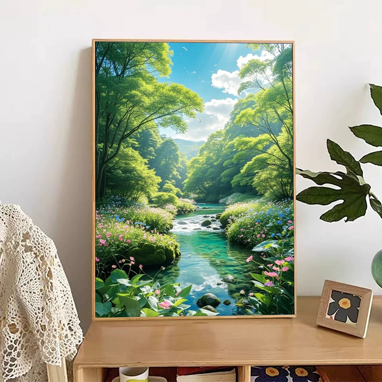绿色大自然溪流装饰画仿油画小清新唯美治愈高级感卧室客厅摆挂画