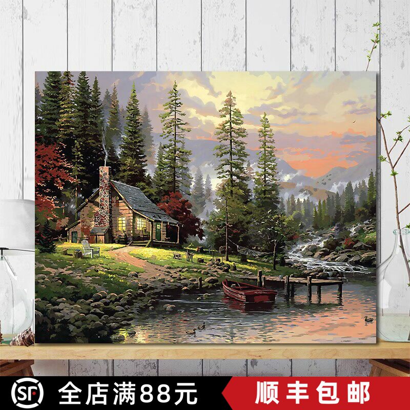 欧式森林建筑装饰画成品仿油画风景质感高级复古横版卧室客厅挂画