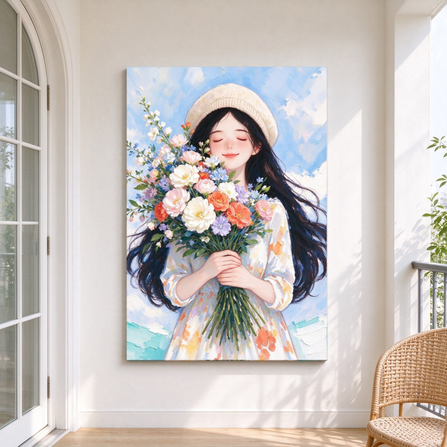 晴空花束少女装饰画仿油画清新治愈系捧花长发少女卧室客厅摆挂画