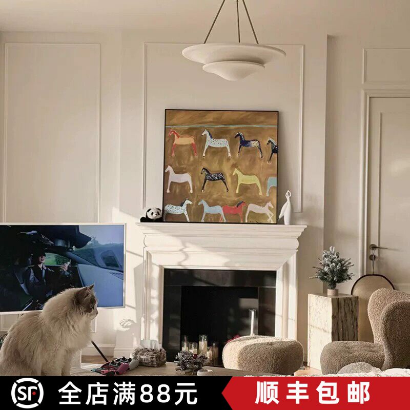 骏马中古风宋式美学装饰画方形简约抽象寓意高级感卧室客厅摆挂画