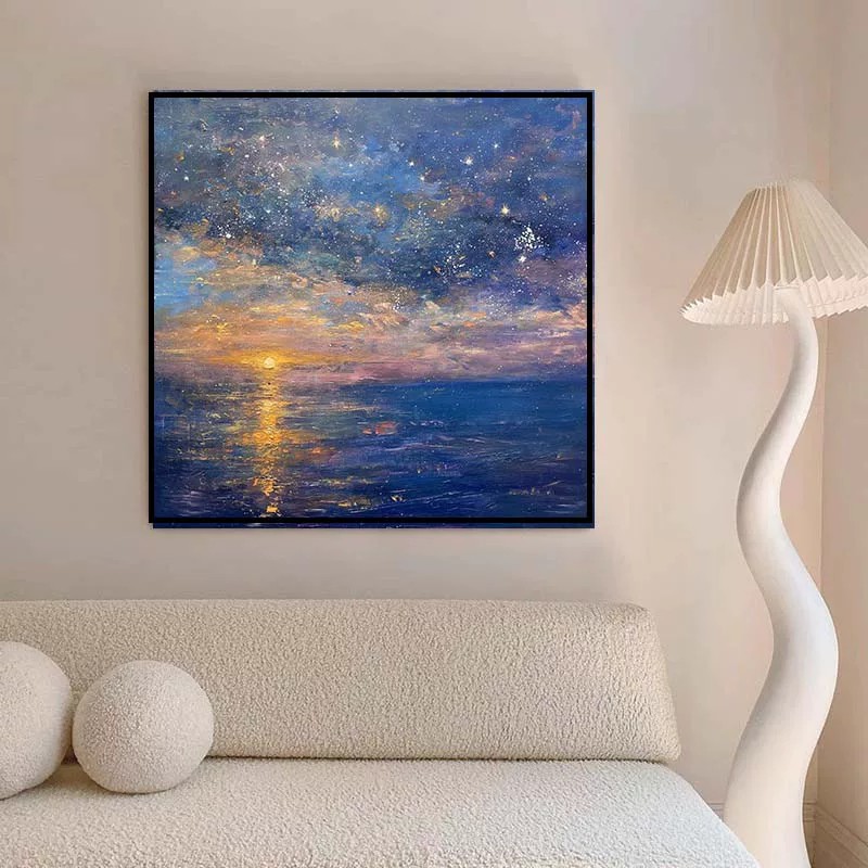 北欧方形大海星空装饰画仿油画风景唯美治愈高级感卧室客厅摆挂画