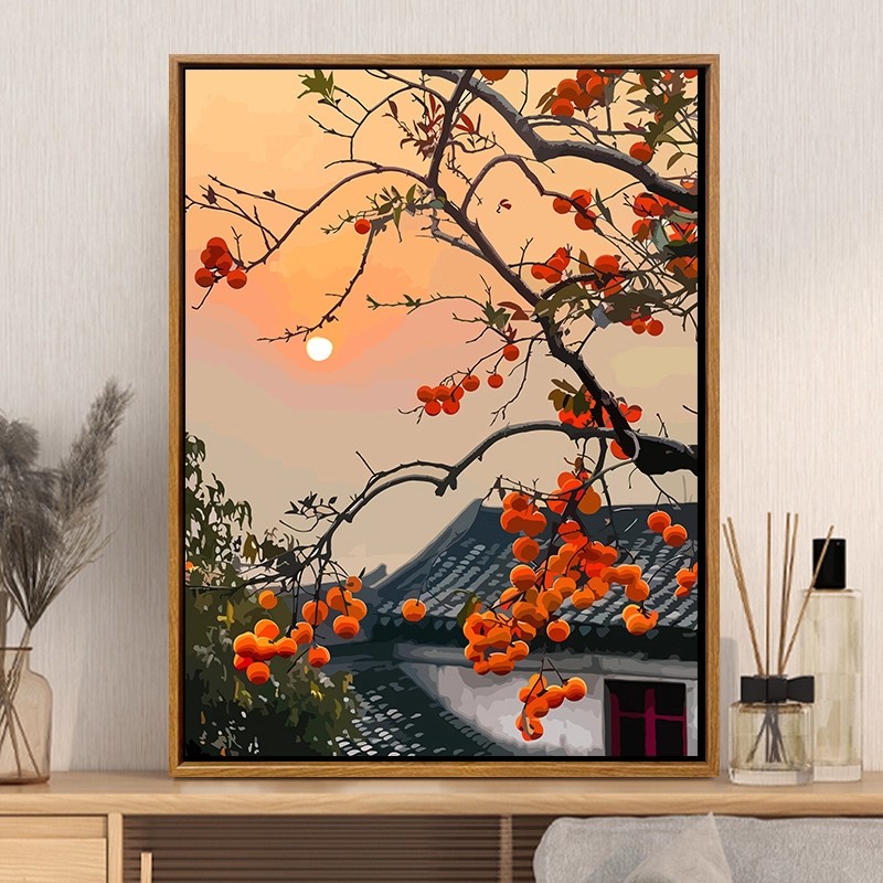 柿柿如意装饰画成品仿油画风景新中式复古国风高级感卧室客厅挂画