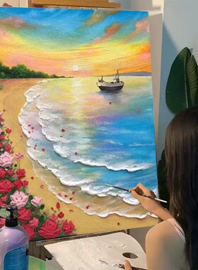 春日海滩玫瑰花卉装饰画仿油画风景唯美治愈高级感卧室客厅摆挂画
