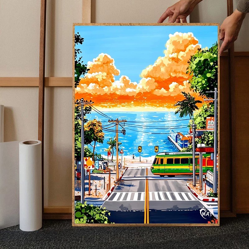 多巴胺夏日海边装饰画仿油画风景唯美治愈清新艺术卧室客厅摆挂画图片