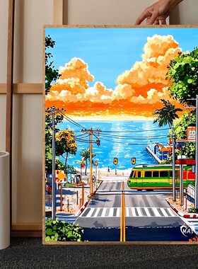 多巴胺夏日海边装饰画仿油画风景唯美治愈清新艺术卧室客厅摆挂画
