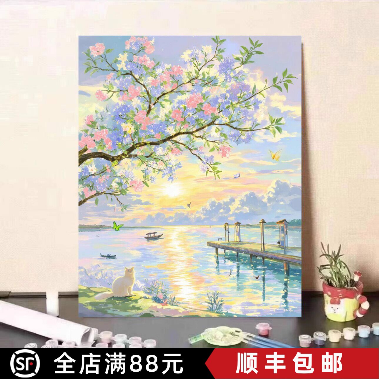 中国风传统风景装饰画成品仿水彩水墨风格小众唯美卧室客厅挂摆画