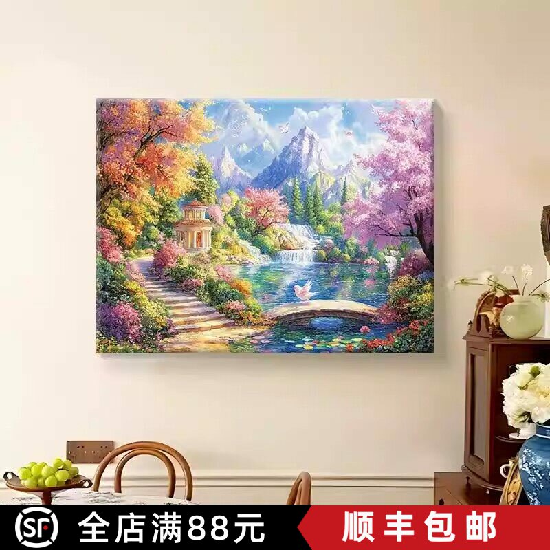 碧水山居横版装饰画成品仿油画风景唯美高级感小众卧室客厅摆挂画图片