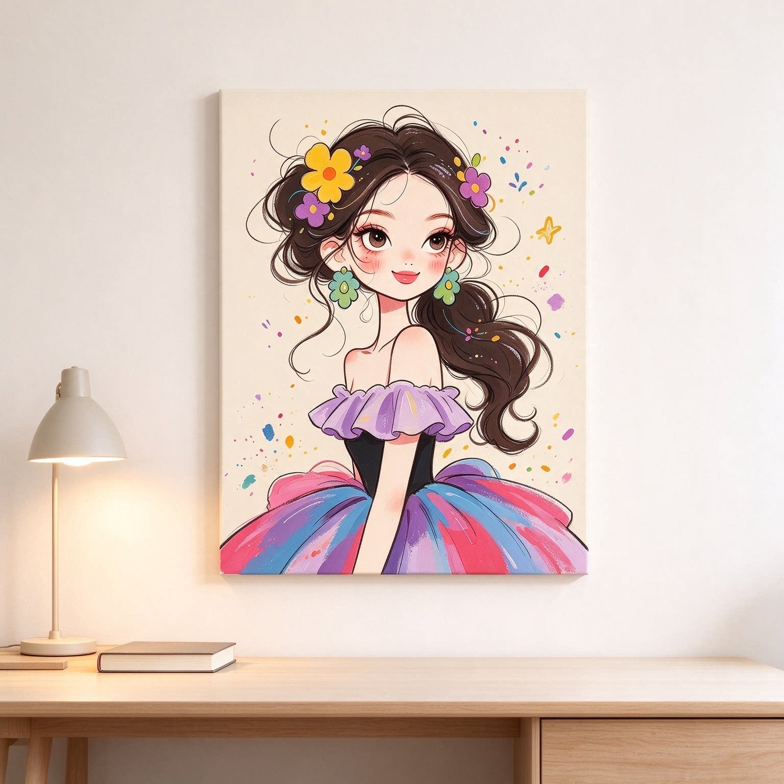 彩虹蓬蓬纱裙少女装饰画仿油画甜美花饰发卡小公主卧室客厅摆挂画