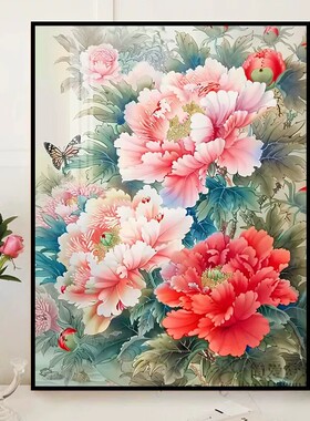 中式牡丹花卉装饰画富贵寓意国风高级感唯美仿油画卧室客厅摆挂画