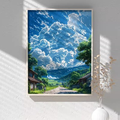 宫崎骏的夏天云朵天空装饰画成品仿油画风景治愈清新卧室客厅挂画