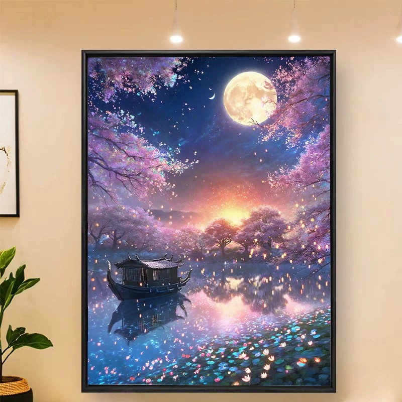 满船清梦星河装饰画仿油画风景唯美治愈系小众高级卧室客厅摆挂画