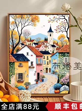 秋日童话小镇装饰画成品仿油画风景建筑梦幻唯美卧室客厅餐厅挂画