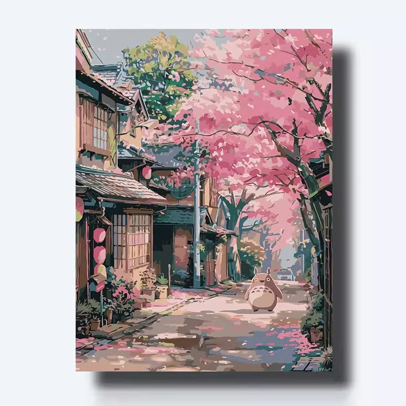 治愈系宫崎骏装饰画粉色系龙猫成品仿油画风景唯美卧室客厅摆挂画