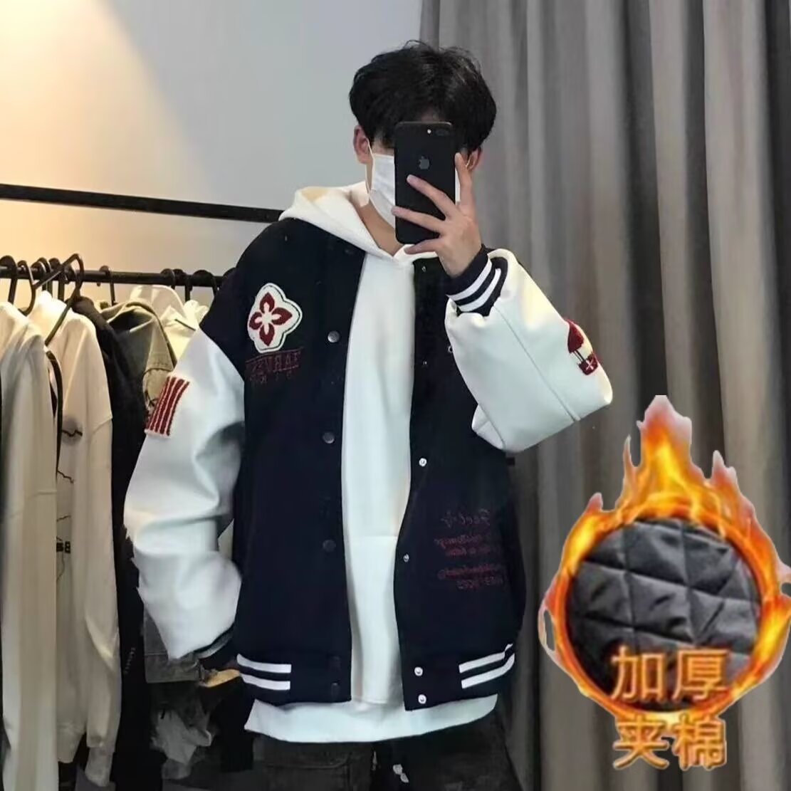 美式菱形撞色多巴胺情侣棒球服男