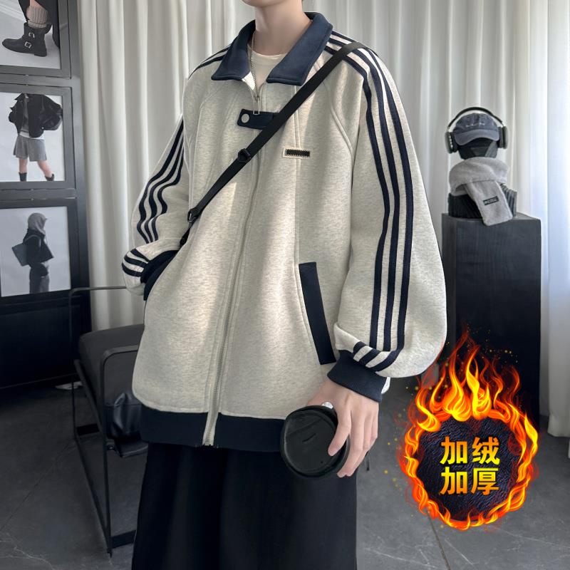 学院风立领三条杠拼接卫衣男