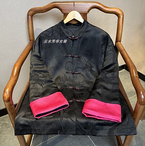 良人 芳华设计新中式复古黑色立领小棉服中国风提花拼接女士棉服