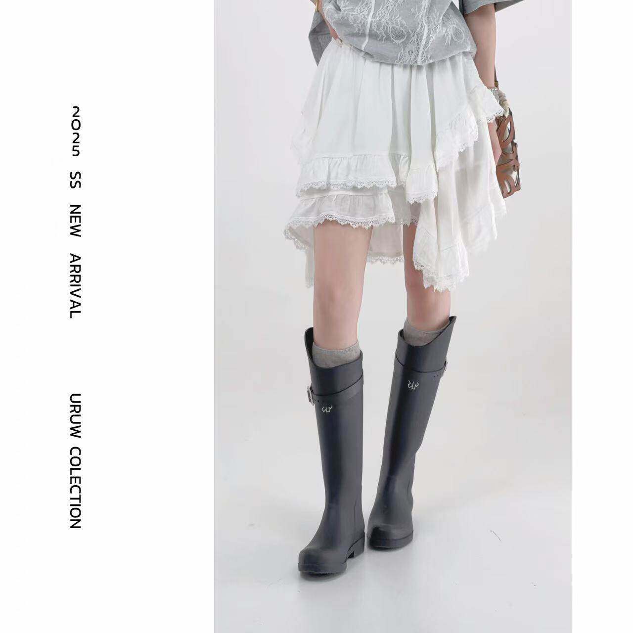柯柯【松烟覆雪】蕾丝拼接白色半身裙女夏季新款高腰不规则短裙子