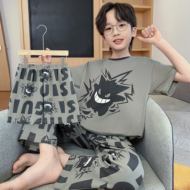儿童睡衣男童夏季纯棉2025新款短袖薄款男孩三件套大童青少年家居