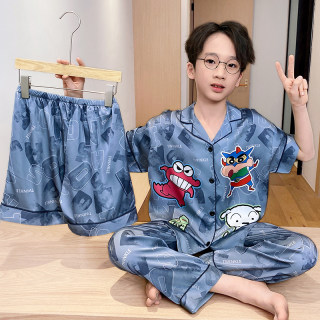 儿童睡衣男童夏季冰丝薄款短袖小男孩2025新款青少年三件套家居服