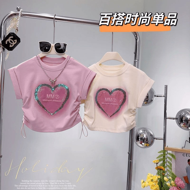 2024女童夏季新款亮片时髦爱心收腰显瘦短袖T恤百搭洋气短款上衣
