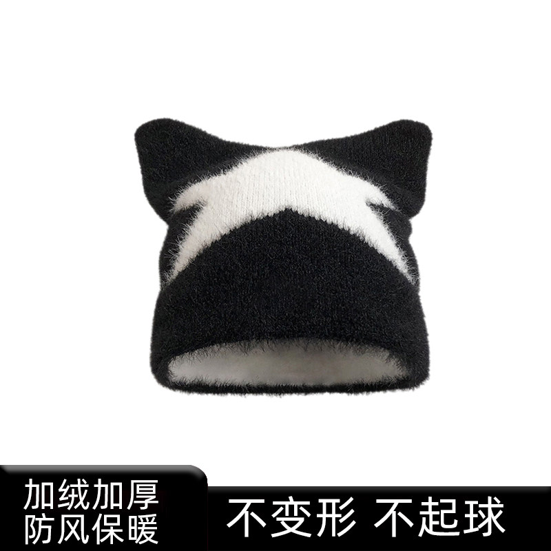 加绒加厚冬季防寒保暖毛绒猫耳朵帽子女款秋冬针织毛线冷帽时尚A2