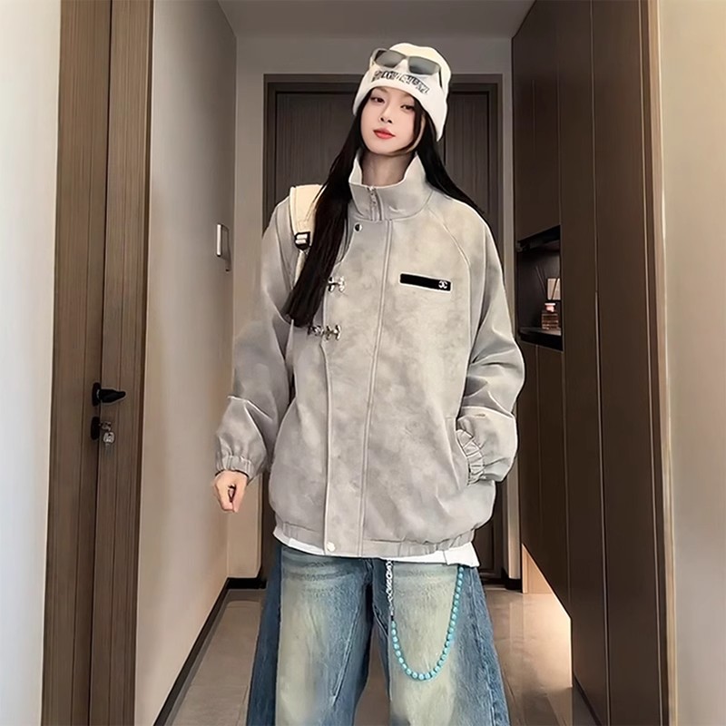 新中式扎染灰色皮衣男女秋冬季国风盘扣立领夹克美式三防pu皮外套