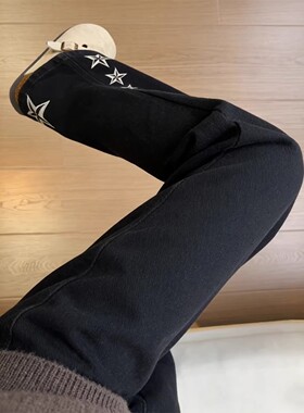 黑色星星刺绣牛仔裤男款春季美式高街vibe裤子修身显瘦直筒微喇裤