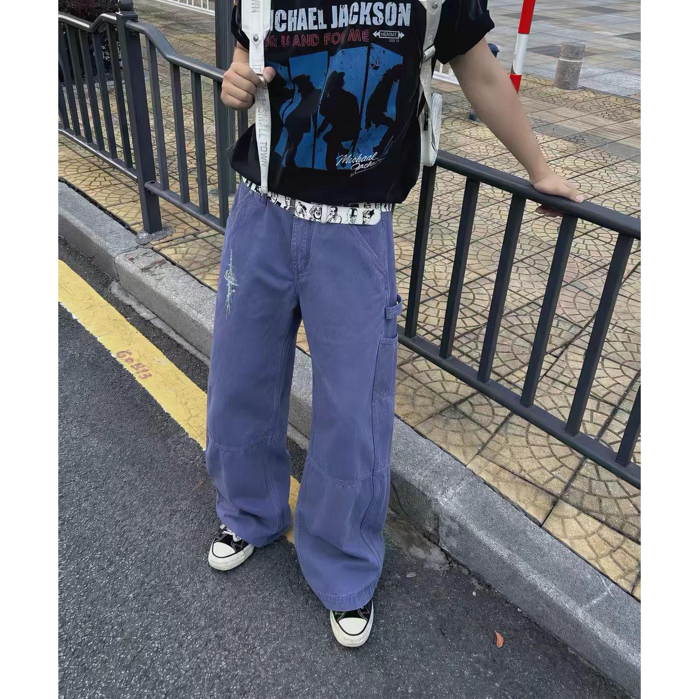 美式复古高街法工蓝工装裤男秋季水洗做旧刺绣宽松直筒a字阔腿裤