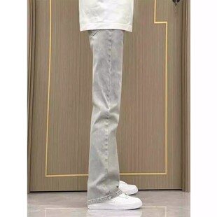 直筒弯刀裤 cleanfit烟灰色微喇牛仔裤 子修身 高街vibe裤 男春秋美式